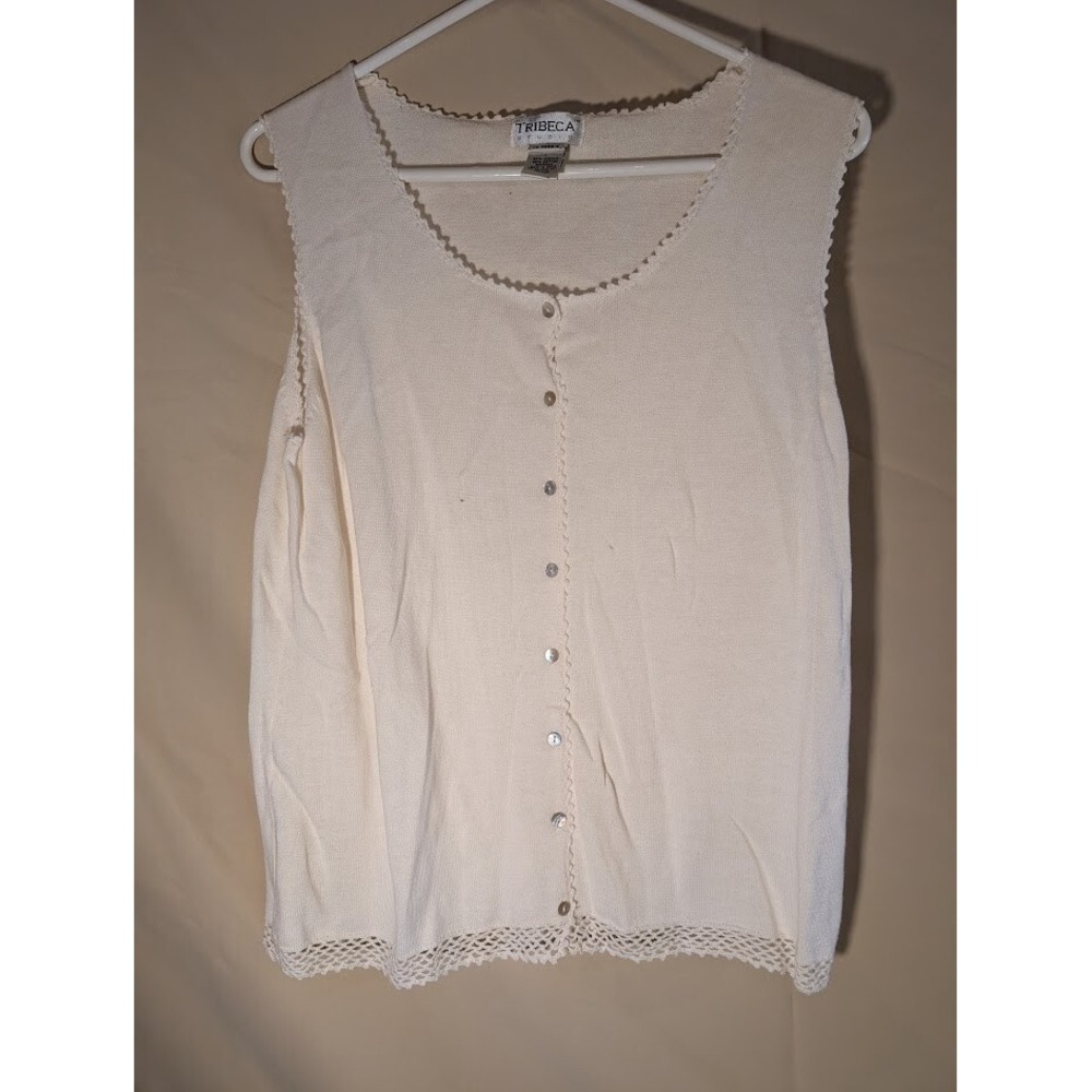 Vintage Tribeca Studio Sweater Vest Large Cream Knit Lace Trim Button Front - Picture 1 of 3